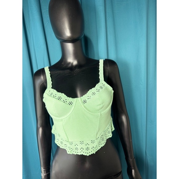 Colsie Corset Crop Top Green Ribbed Eyelet Lace Up Tie Back Adjustable Strap S - Picture 2 of 11